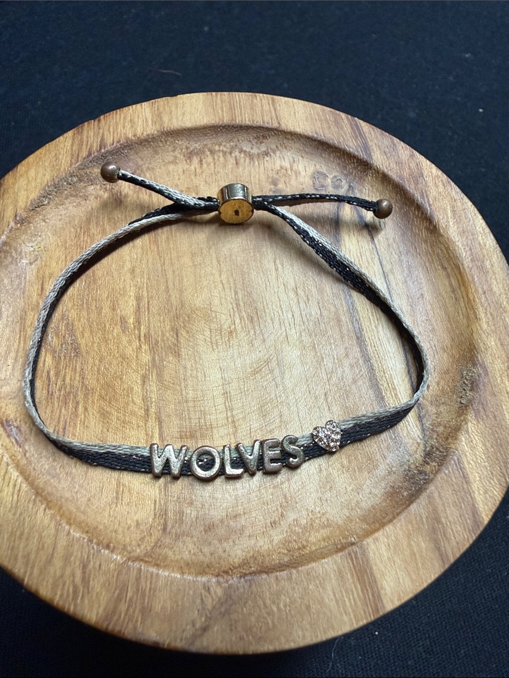 Wolves Heart Adjustable Cord Bracelet in gold and black